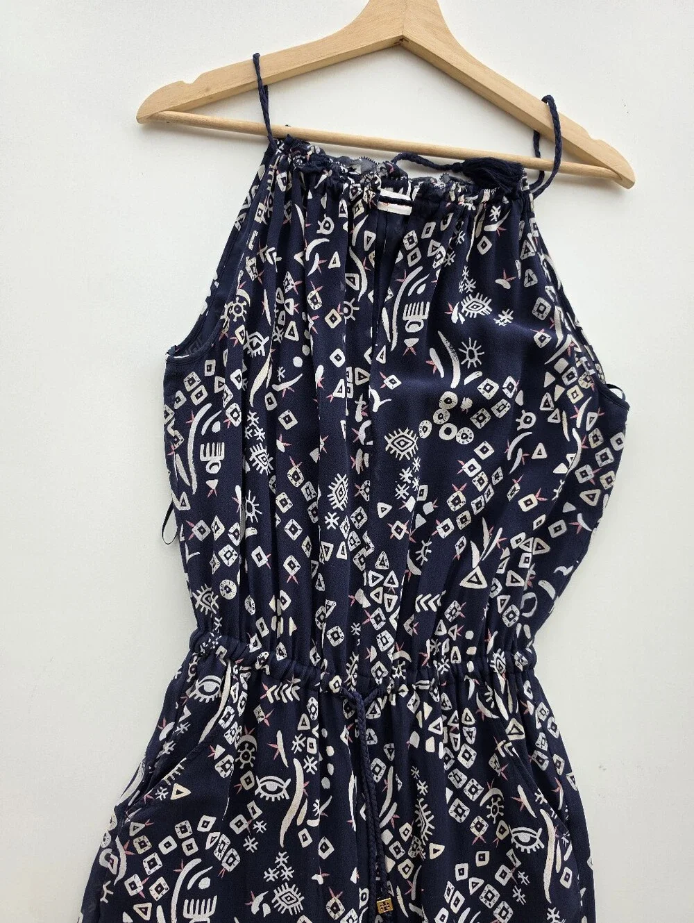 Tory Burch Silk Navy Blue Geometric Tribal Print Wide Leg Jumpsuit